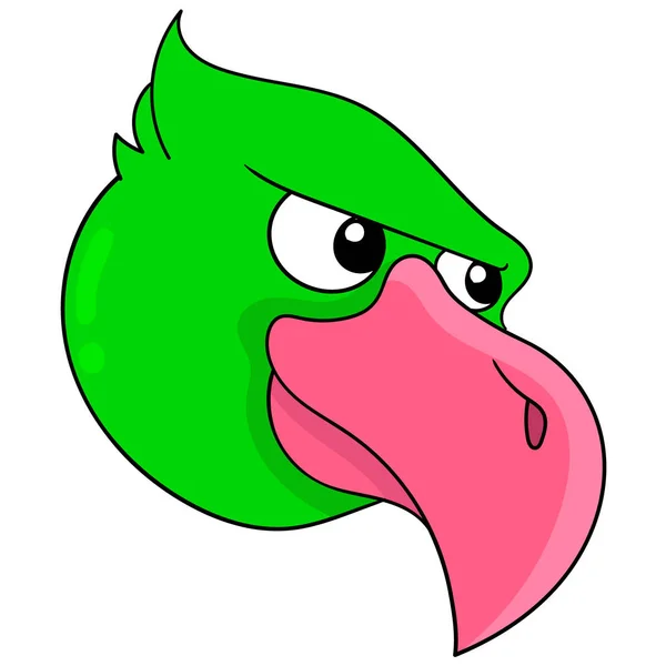 Ett Vilt Fågelhuvud Med Gröna Fjädrar Och Röd Näbb Klotsikonteckning — Stock vektor
