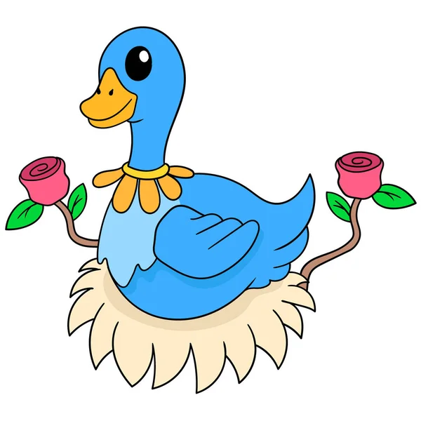 Entenweibchen Brüten Auf Dem Nest Doodle Symbolbild Kawaii — Stockvektor