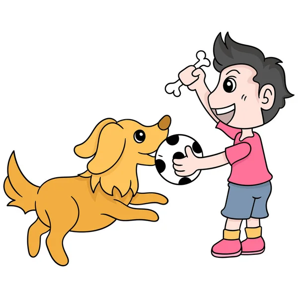 Chico Mascota Perro Están Jugando Pelota Juntos Doodle Icono Imagen — Vector de stock