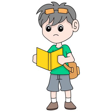 Oğlan okula gitmek için ders kitapları okuyordu, simge imajı Kawaii.