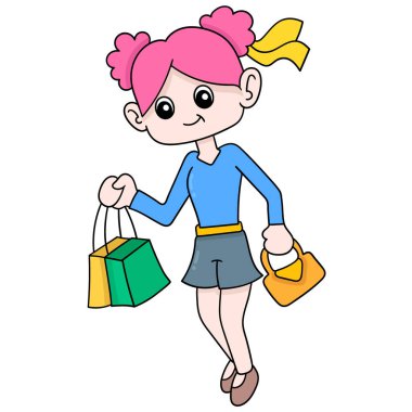 Güzel kız alışveriş yaptıktan sonra mutlu mesut yürüyor, karalama ikonu imajı Kawaii