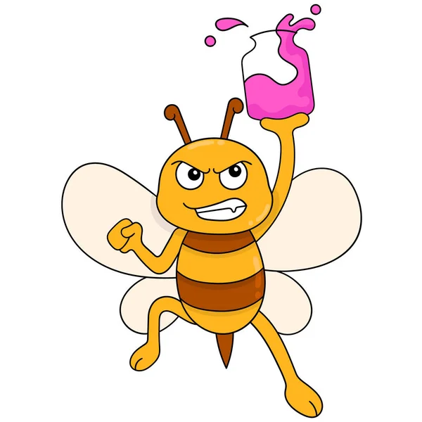 Літаючі Бджоли Несуть Пляшку Жовтого Меду Каракулеве Зображення Значка Каваї — стоковий вектор