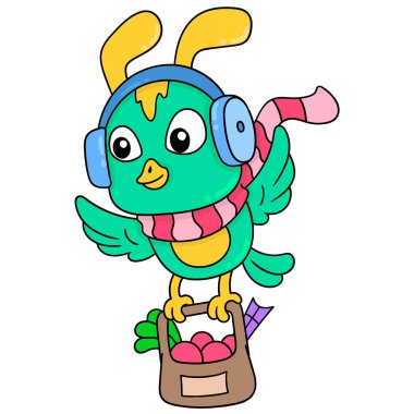Küçük uçan kuşlar kulaklık takıyor, alışveriş malzemeleri taşıyor, karalama ikonu resmi Kawaii
