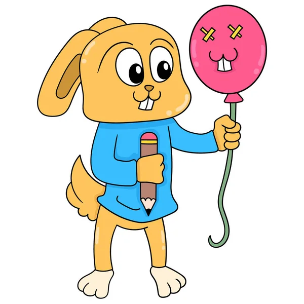 Cute Bunny Carrying Balloon Face Doodle Icon Image Kawaii — Stock Vector