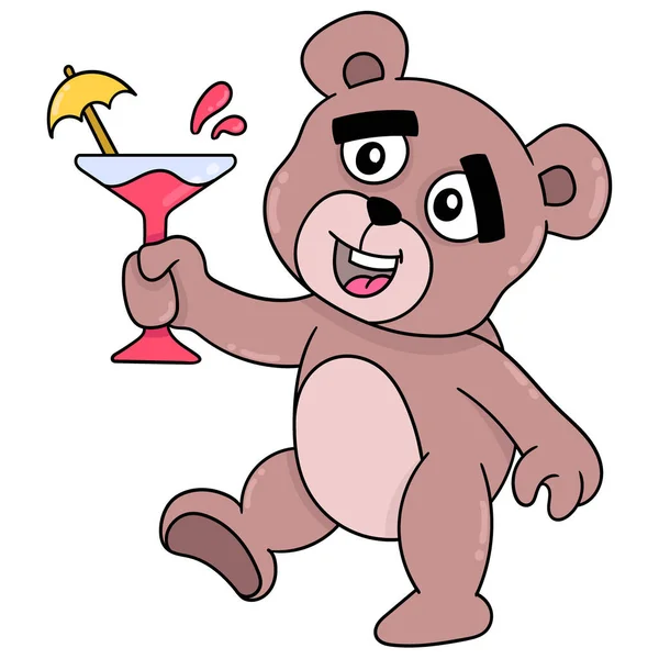 Brown Teddy Bear Partying Drink Doodle Icon Image Kawaii — Stock Vector