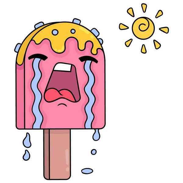 冰淇淋在下午的阳光下热泪盈眶 涂鸦图标卡瓦伊 — 图库矢量图片