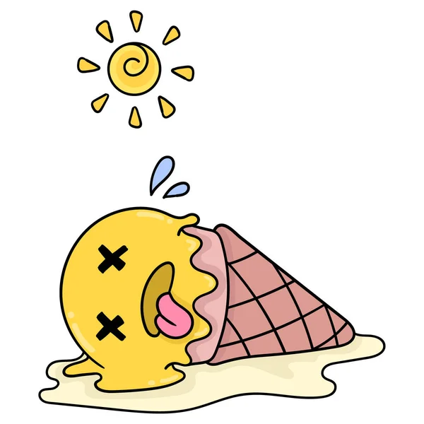 Ice Cream Cones Falling Unconscious Melting Hot Summer Sun Doodle — Stock Vector