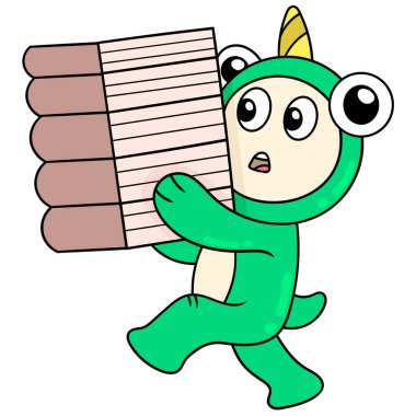 Canavarlar okumak için kitap yığınları taşımayı öğreniyorlar, simge resmi çiziyorlar Kawaii.