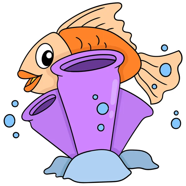Ein Orangefarbener Fisch Auf Dem Meeresboden Versteckt Sich Hinter Einem — Stockvektor