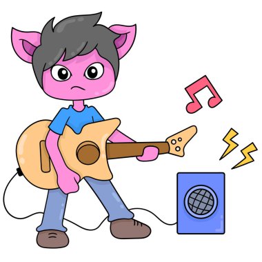 Orkestra kedisi gitar, doodle ikon image kawaii kullanarak müzik çalıyor