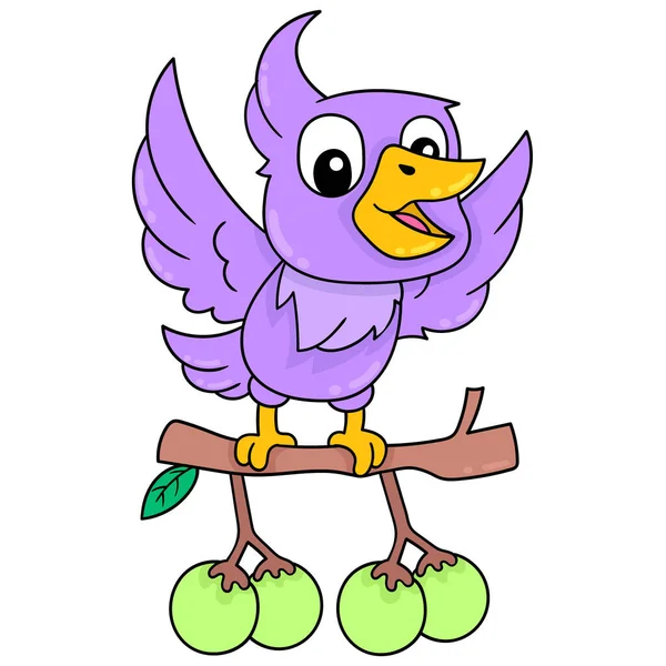 Purple Parakeet Flight Carrying Berries Food Doodle Icon Image Kawaii — Stock Vector