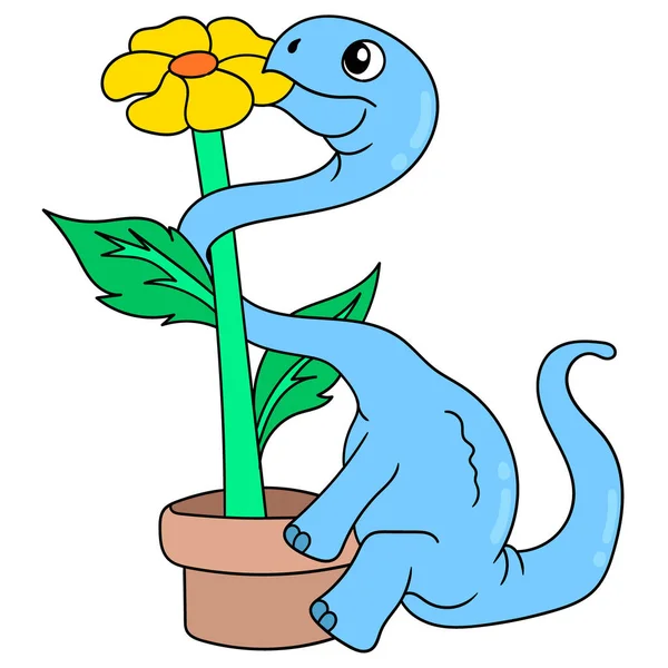 Dinosaurier Frisst Sonnenblume Ende Des Topfes Doodle Symbolbild Kawaii — Stockvektor
