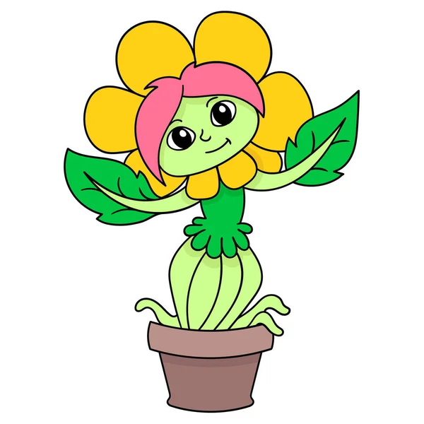 Vrouw Geconfronteerd Plant Monster Gelukkig Verwelkomen Lente Doodle Pictogram Afbeelding — Stockvector