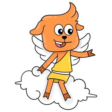 Melek ve kanatlı geyik tanrısı güzel bir bulutun üzerinde oturmuş oyun oynuyorlar, karalama ikonu imajı Kawaii