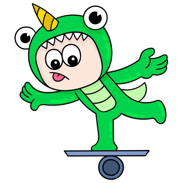 Kinder Gehörnten Monsterkostümen Skateboarden Doodle Ikone Bild Kawaii — Stockvektor