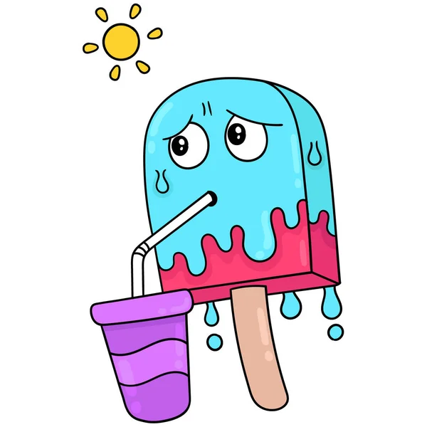 Ice Cream Melting Summer Sun Doodle Icon Image Kawaii — Stock Vector