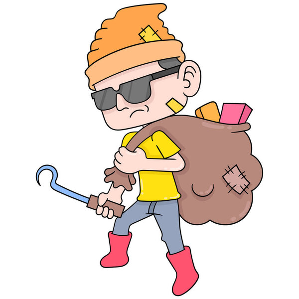 a trashy scavenger man carrying a sack filled with used goods, doodle icon image kawaii