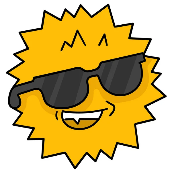 Summer Sun Head Wearing Cool Sunglasses Doodle Icon Drawing — Stock Vector