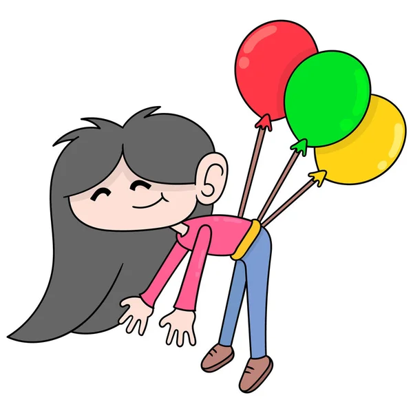 Girl Happy Face Flying Balloon Sky Doodle Icon Image Kawaii — Stock Vector