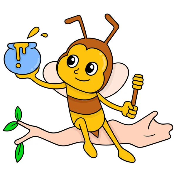 Bees Sitting Tree Branch Taking Natural Honey Doodle Icon Image — Stock Vector