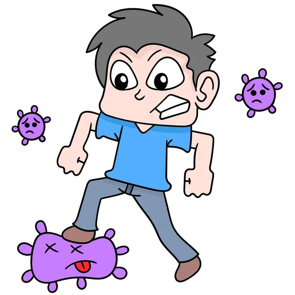 Humans Fighting Defeating Evil Virus Virus Doodle Icon Image Kawaii — Stock Vector