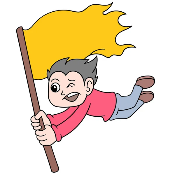 空白的黄旗模板正在被快乐的男孩 涂鸦图标卡瓦伊所携带 — 图库矢量图片