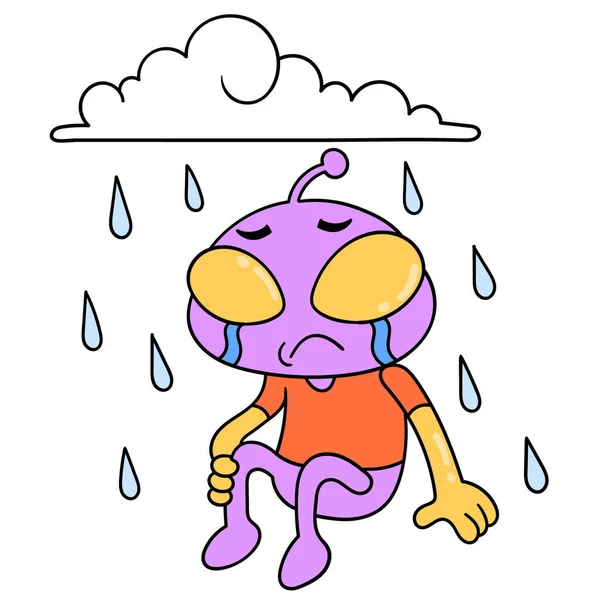 Alien Weint Strömenden Regen Doodle Symbolbild Kawaii — Stockvektor