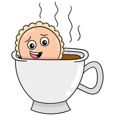 Sıcak bir fincan kahvenin içinde korkmuş yüzlü pasta, karalama ikonu imajı kawaii