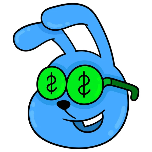 Tête Lapin Bleu Avec Billet Dollar Avare Dessin Icône Gribouille — Image vectorielle