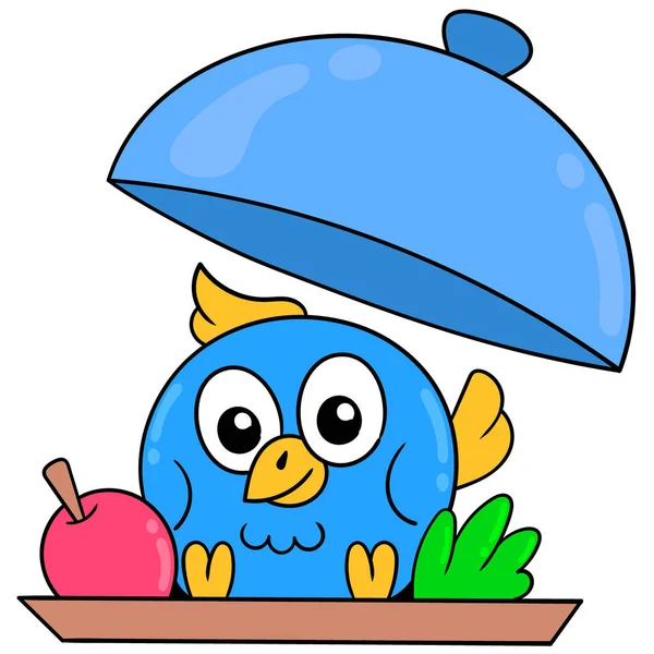 Pássaro Azul Bonito Está Comida Servida Doodle Ícone Imagem Kawaii — Vetor de Stock