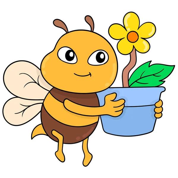 귀여운 벌들이 아름다운 해바라기 식물을 날아다닌다 — 스톡 벡터
