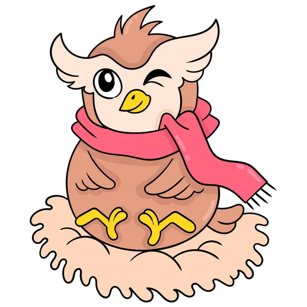 Fat Owl Wearing Scarf Sitting Its Nest Doodle Icon Image — Διανυσματικό Αρχείο