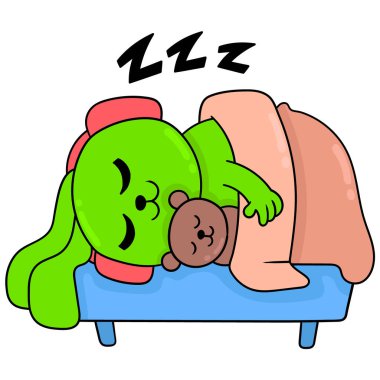 Yeşil tavşan en sevdiği oyuncak ayısıyla uyuyor, karalama ikonu Kawaii