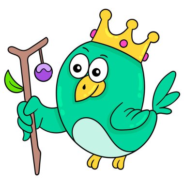 Kuşların kralı yeşildir altın bir taç takar, karalama ikonu imajı Kawaii