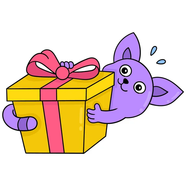 Geburtstag Geschenk Box Von Einer Katze Überraschung Gegeben Doodle Symbol — Stockvektor