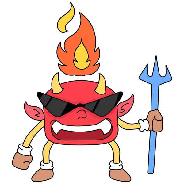 Little Devil Fire His Head Carrying Spear Wants Evil Doodle — Διανυσματικό Αρχείο