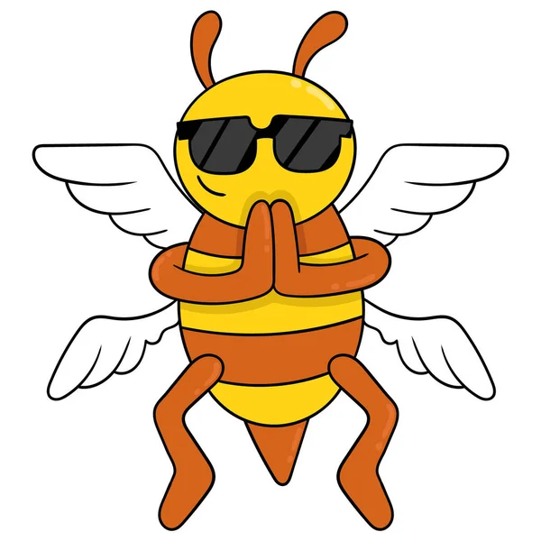 Bee Flying Wearing Cute Sunglasses Doodle Icon Image Kawaii — Stock Vector