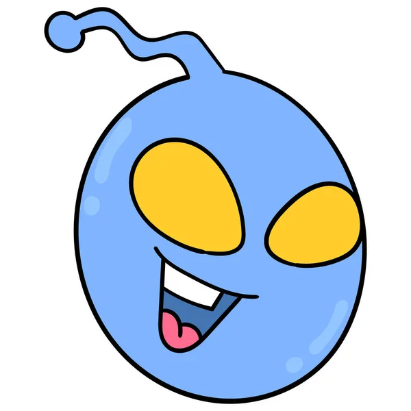 Tête Extraterrestre Bleue Avec Grands Yeux Jaunes Riant Joyeusement Dessin — Image vectorielle