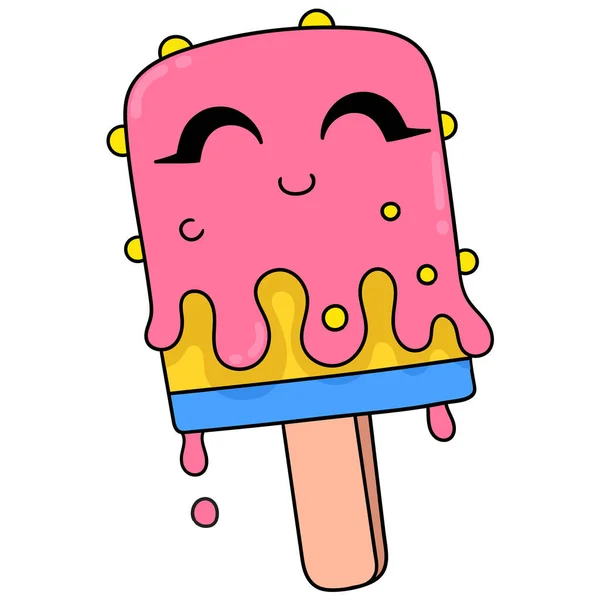 Cute Face Ice Cream Delicious Food Summer Doodle Icon Image — Stock Vector