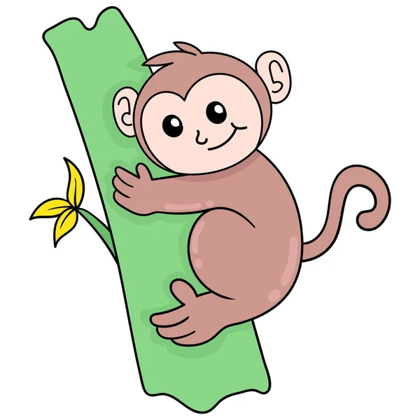 Şirin Maymun Ağaç Gövdesine Sarılıyor Sevimli Yüz Mutlu Karalama Ikonu — Stok Vektör