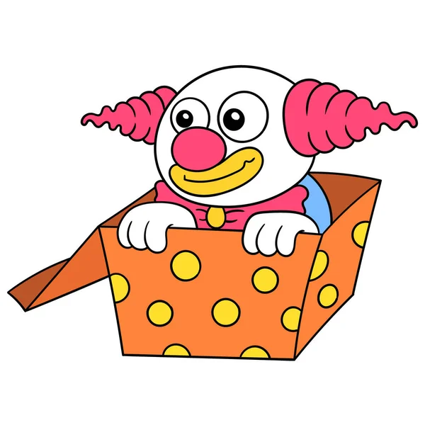 Clown Nasconde Una Scatola Cartone Immagine Icona Doodle Kawaii — Vettoriale Stock