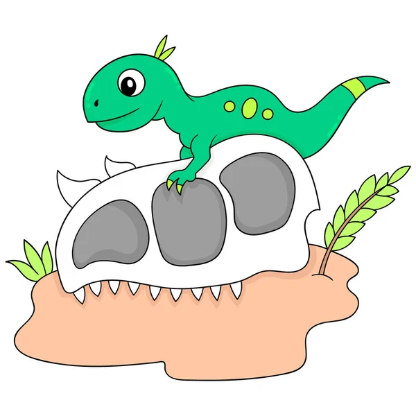 Dinozaur Jedzie Głowie Gigantycznej Bestii Czaszki Ikona Bazgroła Obraz Kawaii — Wektor stockowy