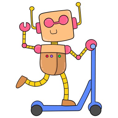 Yaşayan en gelişmiş robot scooter sürerken eğleniyor, karalama ikonu imajı Kawaii