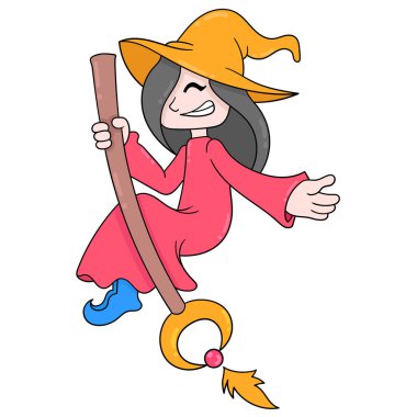 Mutlu gülümseyen yüzlü cadı sihirli değnekle uçan, karalama ikonu imajı Kawaii