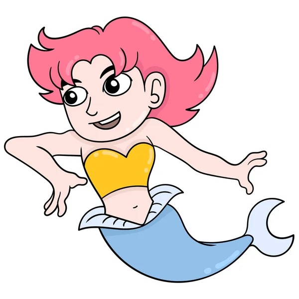 Hermosa Sexy Sirena Pelo Rojo Medio Pescado Doodle Icono Imagen — Vector de stock