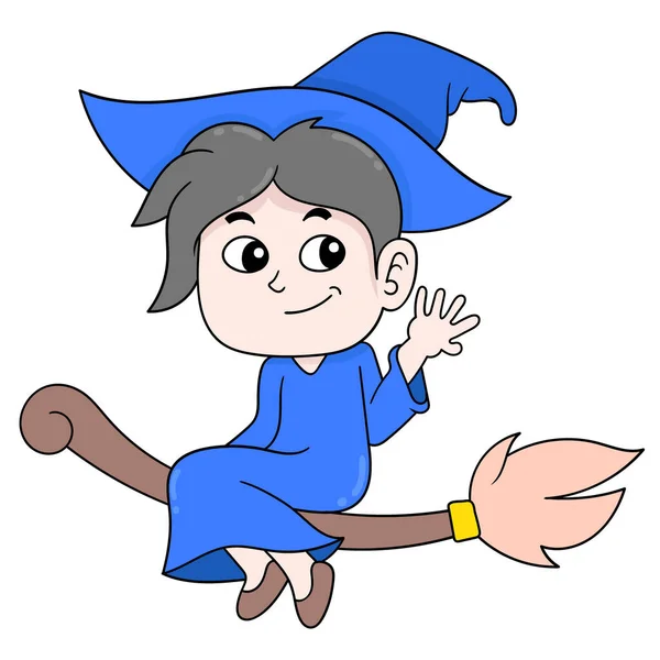 Niño Mago Volando Una Escoba Mágica Doodle Icono Imagen Kawaii — Vector de stock