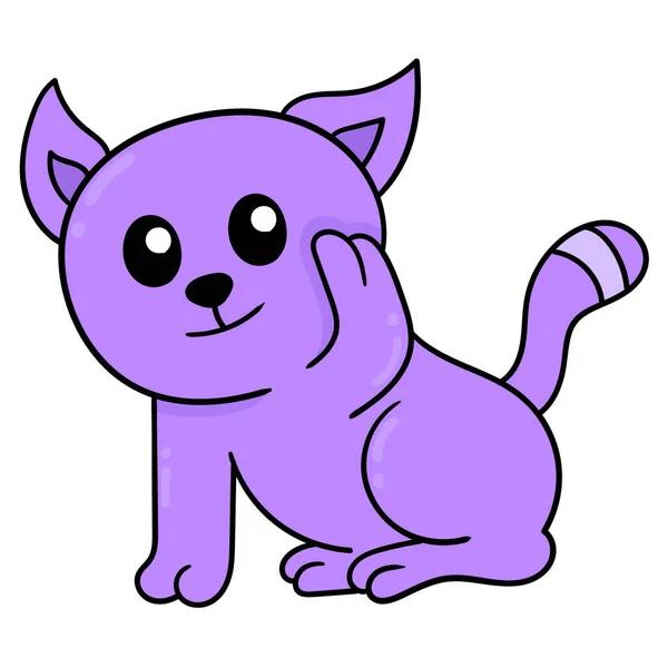 Cute Purple Cat Smiling Face Greeting Doodle Icon Image Kawaii — Stock Vector