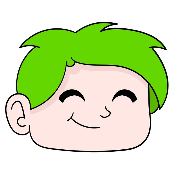 Green Haired Chubby Boy Head Smiling Doodle Icon Drawing — Stock Vector