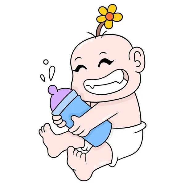 可爱的人类宝宝抱着奶瓶 涂鸦图标卡瓦伊 — 图库矢量图片