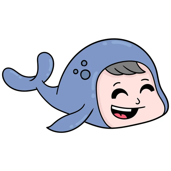 Garçon Enfant Visage Baleine Rire Heureux Gribouiller Icône Dessin — Image vectorielle